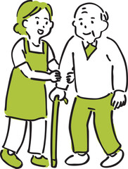 Caregiver supporting elderly woman – hand-drawn senior care illustration