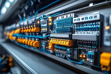 Complex electrical panel displaying wiring, connectors, and circuitry in industrial technology