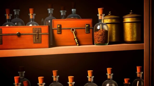 Various glass potion bottles with stoppers and corks arranged on a vintage wooden shelf, illuminated by warm golden light.