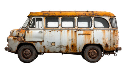 Forgotten minibus with oxidized metal, corrosion spots visible, isolated on a Transparent background, PNG file.p