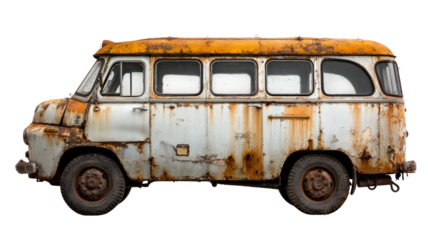 Forgotten minibus with oxidized metal, corrosion spots visible, isolated on a Transparent background, PNG file.p