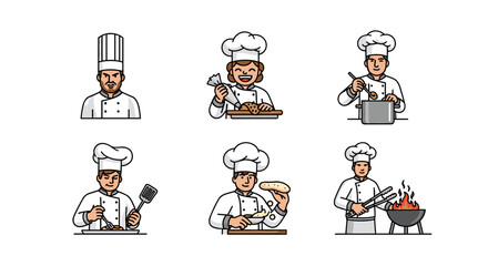 Collection of six chefs in various cooking scenarios wearing white uniforms and chef hats in a row format