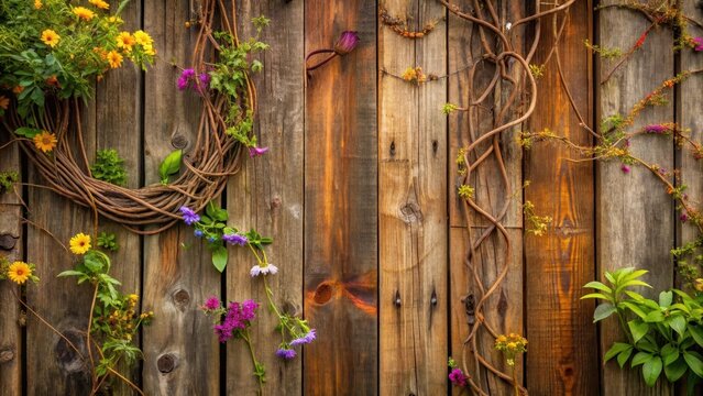 A rustic old brown wooden fence with tangled vines and wildflowers , old, rustic,  old