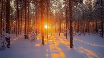 Winter sunset in snowy forest