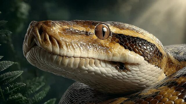 Close-up of a Reticulated Python's head showcasing intricate scale patterns and textures