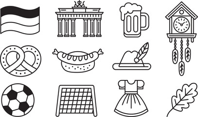Iconic German Culture Line Icons, Showcasing Landmarks and Festive Elements. © fay009