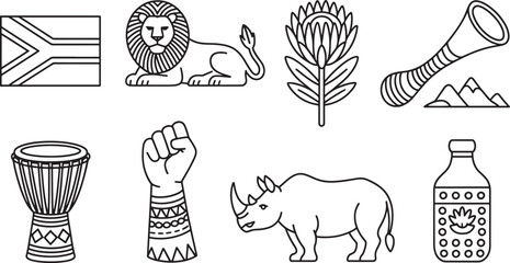 South African Culture Line Icons Featuring Wildlife, Music, and Symbols. © fay009