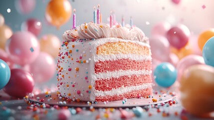 Slice of Birthday Cake with Candle and Colorful Balloons