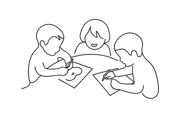 Three children drawing together continuous line art illustration