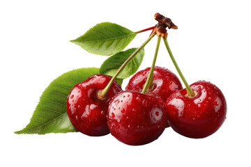 Freshly picked cherries with detailed texture, summer fruit concept, isolated on a Transparent background, PNG file.