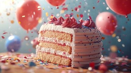 Slice of Birthday Cake with Candle and Colorful Balloons