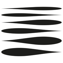 Droplet shape set. Elliptical black forms. Vector drop symbols. Horizontal abstract layout.