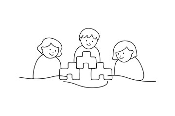 Children building puzzle together continuous line art illustration teamwork collaboration