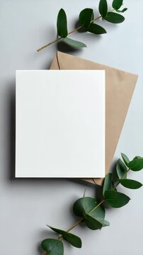 Elegant mockup featuring a square white card with brown envelope and fresh eucalyptus branches displayed on a plain light gray background.