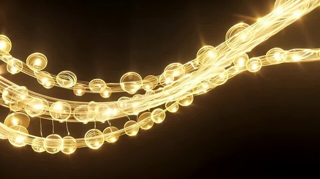 Looping animation beautiful Christmas string lights glowing bulbs flickering black background perfect holiday celebrations New Year parties seasonal decorations highquality