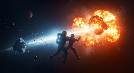 Naklejka premium Cosmic Catastrophe: Two Astronauts Witnessing a Planetary Explosion in Deep Space