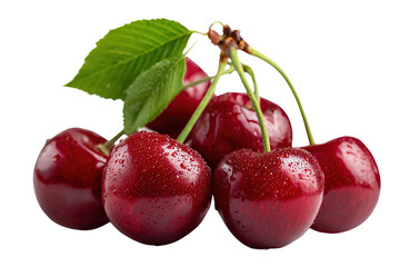 Glossy cherries connected by stem, leaf attached, organic and vibrant, isolated on a Transparent background, PNG file.