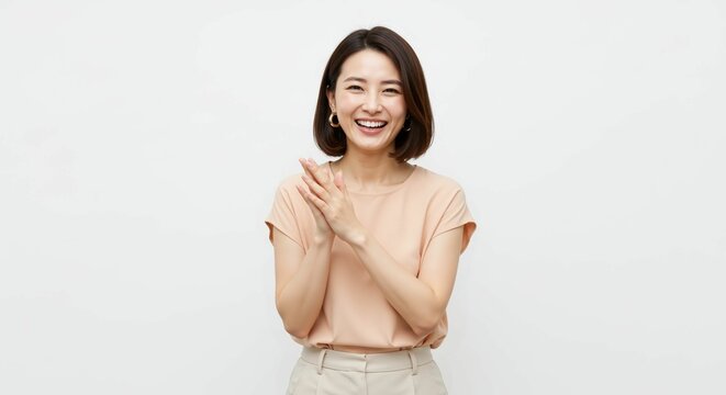 Smiling lightskinned woman claps hands expressing authentic happiness against white backdrop