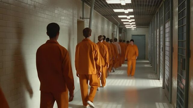 Prisoners in Orange Uniforms Walking Down a Long Corridor with Metal Bars and Fluorescent Lighting