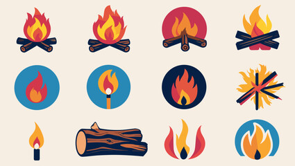 Campfire flame vector set bonfire burning fire wood illustration