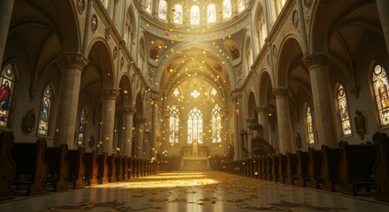 Ephemeral Beauty: Golden Leaves Dancing Inside a Majestic Church Interior