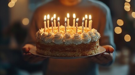 Birthday Cake with Lit Candles in Cozy Home Celebration