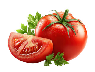 Glossy ripe tomato with green stem, paired with sliced piece, isolated on a Transparent background, PNG file.