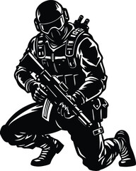 Tactical Commando Soldier Silhouette with Assault Rifle, Military Vector Illustration