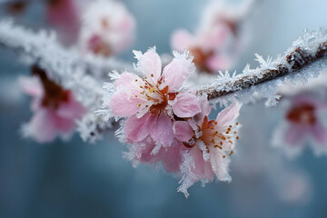 Delicate pink flowers covered in frost.