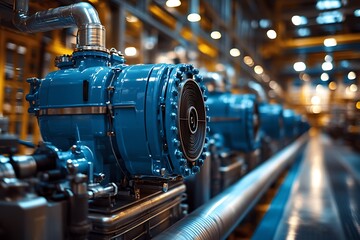 Obraz premium Industrial machinery featuring blue high pressure pumps and piping in a factory setting