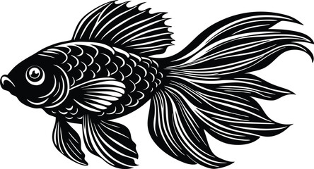 Stylized Goldfish Vector Silhouette, Ornamental Black and White Fish Illustration with Flowing Fins