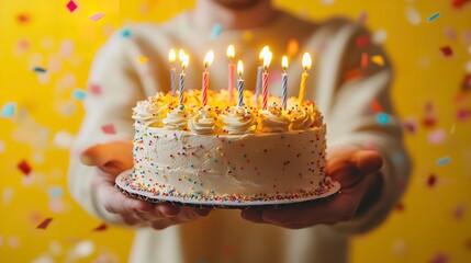 Birthday Cake with Lit Candles in Cozy Home Celebration