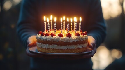 Birthday Cake with Lit Candles in Cozy Home Celebration