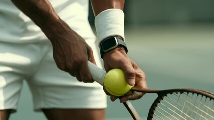 Close up view of a tennis player's hands skillfully placing a ball onto a racket, preparing for the next serve during an intense match, showcasing focus and precision - Powered by Adobe