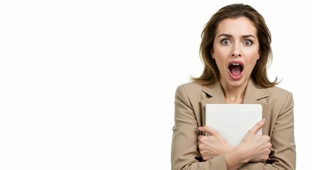 Fototapeta premium Stressed businesswoman with a shocked expression holding paperwork on white background
