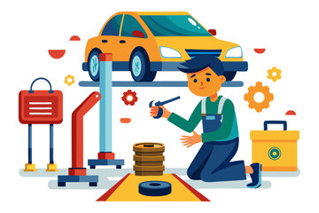 A young mechanic kneels to repair a car lifted on a hoist, surrounded by tools and spare tires, symbolizing automotive maintenance and service.