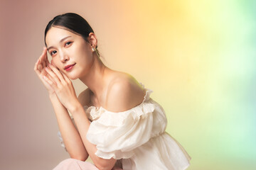 Beauty portrait of attractive Asian woman. Fashion, skin care, cosmetics, make-up, hair removal...