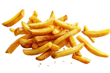 Golden crispy French fries floating in mid-air, snack concept isolated on a Transparent background, PNG file.