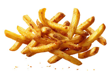 Golden crispy French fries floating in mid-air, snack concept isolated on a Transparent background, PNG file.