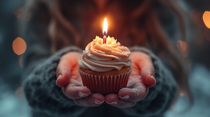 Hand Holding Cupcake with Lit Candle 