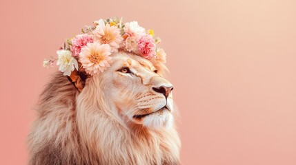 Majestic lion head crowned with colorful flowers on a light coral background