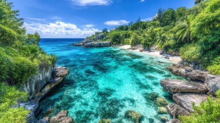 Tranquil tropical cove with turquoise water and lush vegetation