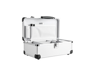 Open White Aluminum Case with Black Handle and Corner Protectors Interior Dividers