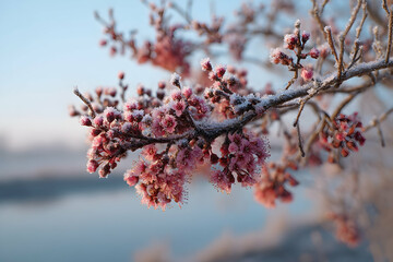 Fototapeta premium Frozen pink blossoms on a branch.