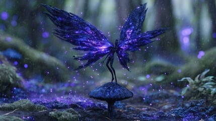 Fantasy creature on mushroom in mystical forest