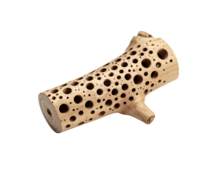 Perforated cholla cactus skeleton section with a small branch light brown hue