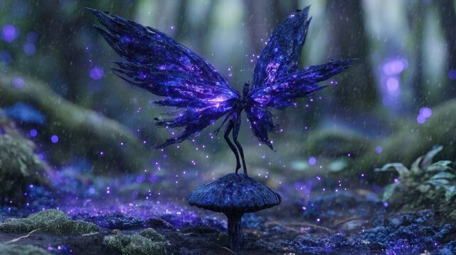 Fantasy creature on mushroom in mystical forest