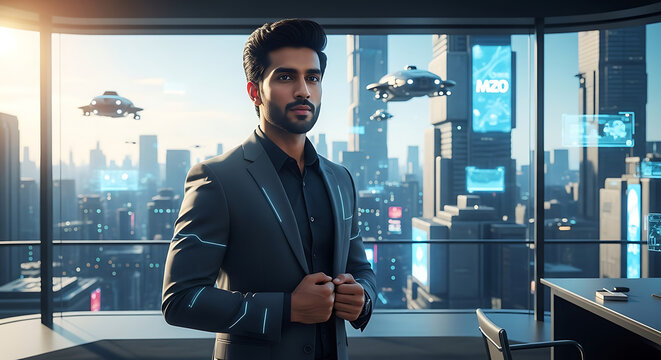 Futuristic Businessman in a Cyberpunk Cityscape