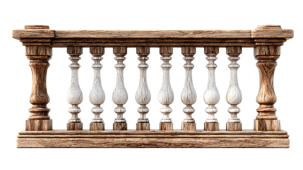 Detailed view of a weathered wooden balustrade with decorative spindles and textured surfaces design element on transparent background