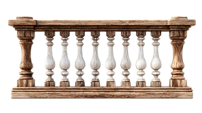 Detailed view of a weathered wooden balustrade with decorative spindles and textured surfaces design element on transparent background